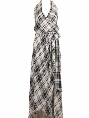 Haute Hippie One-Shoulder Plaid Wrap Maxi Dress - Black & Cream